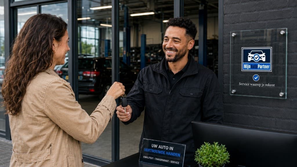 Medewerker van een aangesloten MijnAutoPartner garage overhandigt autosleutels aan een klant bij de balie